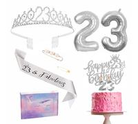 Silver 23rd Birthday Decorations - Sash, Tiara, Cake Topper, Balloons, Candles & Gifts for Her