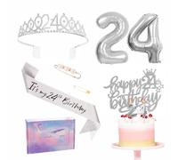 Silver 24th Birthday Decorations for Girl 24th Birthday Sash Tiara Set, 24th Birthday Party Pack Sash Crown Number 24 Foil Balloons Birthday Cake Topper Candle, 24th Birthday Gifts for Girl Her