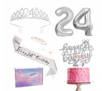 Silver 24th Birthday Decorations for Her - Sash, Tiara Set, Crown, Cake Topper, Number 24 Foil Balloons, Candles - Birthday Gifts for Women