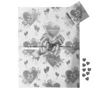 Silver 25th Anniversary Wrap Pack, 2 Gift Paper Wrapping Sheets, 2 Tags 2 Pull Bows and Silver Heart Confetti