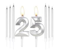 Silver 25th Birthday Cake Candles,Number 25 with 6pcs Long Candles,Silver Candle Birthday Cake Set, Candle Decorations for Party Wedding Anniversary