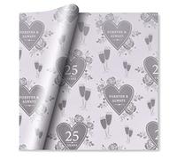 Silver 25th Wedding Anniversary Wrapping Paper Hearts & Glasses - 1 Sheet & Tag