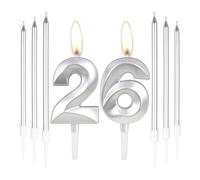 Silver 26th Birthday Cake Candles,Number 26 Candles with 6pcs Long Candles,Silver Candles Birthday Cake Set, Cake Candles Decorations for Birthday Party Wedding Anniversary