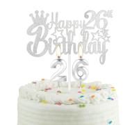 Silver 26th Birthday Cake Topper with Candle, Boys Girls Men Women Decoration