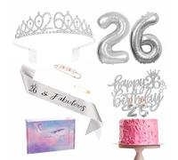 Silver 26th Birthday Decorations for Girl 26th Birthday Sash Tiara Set, 26th Birthday Party Pack Sash Crown Number 26 Foil Balloons Birthday Cake Topper Candle, 26th Birthday Gifts for Girl Her