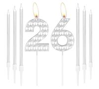 Silver 26th Birthday Number Candles - Girls & Boys Decorations, Happy Birthday Cake Topper