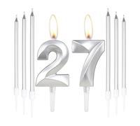Silver 27th Birthday Cake Candles Set - Number 27 With 6 Long Candles for Party, Wedding, Anniversary Decorations