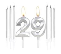 Silver 29th Birthday Cake Candles - Number 29 with 6 Long Candles for Cake Decorations