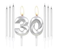 Silver 30th Birthday Cake Candles - 6pcs Long Candles, Cake Decorations for Party, Wedding, Anniversary