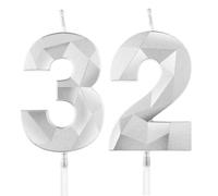 Silver 32nd Birthday Candles, Number 32 Happy Birthday Candles, Silver Cake Topper Decorations for Birthday Party, Wedding Anniversary Celebration Supply for Men Women (Age 32)