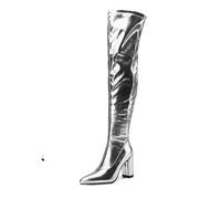 (silver, 33) Annymoli Women Over-the-knee Long Boots Pointed Toe Metallic Boots Thick High Heel Zipper Gogo Boot Lady Fashion Shoes Winter 46