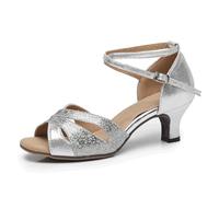 Silver,35,Women's Glitter Open-Toe Latin Dance Shoes, Professional Low Heel Ballroom Salsa Practice Pump, Ankle Strap Sandals for Social Dance Beginner