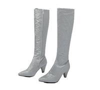 Silver,4.5 UK,Womens Chunky Kitten Heel Knee High Boots Pointed Toe Long Boots Sequined Winter Fall Tall Boot Side Zipper Dress Shoes