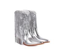 Silver,40,Women Mid Calf Cowgirl Booties, Sexy Glitter Metallic Fringe Western Ankle Boots, Fur Lining Winter Pointed Chunky Heel Pull On Tassel Party Booties