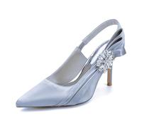 Silver,43,Womens Slingback Stiletto Heels Dress Shoes, Sexy Satin Closed Pointed Toe Prom Wedding Pumps, Formal Rhinestone Back Heels Bride Shoes