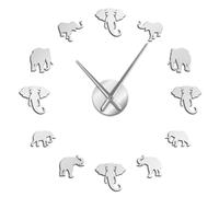 (Silver, 47 inch) Jungle Animals Elephant DIY Wall Clock Home Decor Modern Design Mirror Effect Giant Frameless