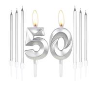 Silver 50th Birthday Cake Candles, 6pcs Long Candles, Decorations for Party and Anniversary