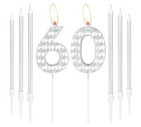 Silver 60th Birthday Decorations - 60 Candles, Number 60 Topper for Women, Men, Boys, Girls, Party, Wedding Anniversary