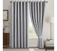 (Silver, 66" x 90" (168cm x 228cm)) 100% Blackout Curtains Thermal Insulated Ring-Top Eyelet Curtain Pair with Tiebacks