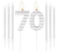 Silver 70th Birthday Candles - Girls & Boys Decorations, Number 70 Cake Toppers for Women & Men's Birthday Party & Wedding Anniversary