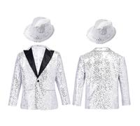 (silver, 8) Kids Shiny Hip Hop Jazz Street Dance Tuxedo Jacket Boys Sequins Button Down Lapel Collar Coat Performance Costume Gold 14