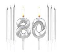 Silver 80th Birthday Cake Candles - Number 80 & 6 Long Candles