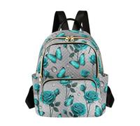Silver Abstract Butterfly Teal Women Quilted Backpack Fashion Daypack with Multiple Zipper Pockets Travel Bag, Silver Abstract Butterfly Teal, S