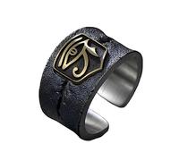 Silver Adjustable Eye of Horus Amulet Triangle Golden Engraved Wide Ring - Personalized Egypt Protection Ring for Men, Women