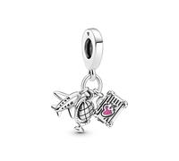 Silver Airplane Globe & Suitcase Dangle Charm Fits Pandora Bracelet And Other Bracelets