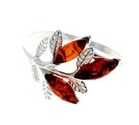 Silver Amber Jewellery - 925 Sterling Silver and Cognac Baltic Amber 3 Stones Modern Designer Ring - UK Rng Size L - AR2CK