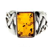 Silver Amber Jewellery - 925 Sterling Silver and Cognac Baltic Amber Celtic Knots Designer Ring - UK Rng Size L - 7005L