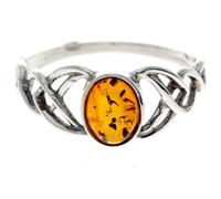 Silver Amber Jewellery - 925 Sterling Silver and Cognac Baltic Amber Celtic Knots Designer Ring - UK Rng Size N - 7482N