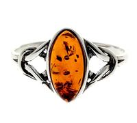 Silver Amber Jewellery - 925 Sterling Silver and Cognac Baltic Amber Celtic Knots Designer Ring - UK Rng Size L - 7503K
