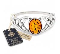 Silver Amber Jewellery - 925 Sterling Silver and Cognac Baltic Amber Celtic Knots Designer Ring - UK Rng Size T - 7482T