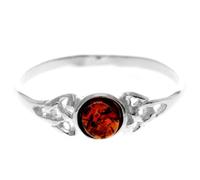 Silver Amber Jewellery - 925 Sterling Silver and Cognac Baltic Amber Classic Celtic Stone Delicate Ring - UK Rng Size S - 7588S