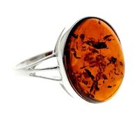 Silver Amber Jewellery - 925 Sterling Silver and Cognac Baltic Amber Classic Large Oval Stone Delicate Ring - UK Rng Size O - 7504O