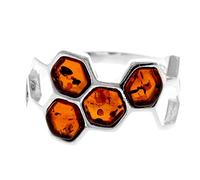 Silver Amber Jewellery - 925 Sterling Silver and Cognac Baltic Amber Modern Honeycombs Designer Ring - UK Rng Size R - GL741R