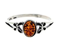 Silver Amber Jewellery - 925 Sterling Silver and Cognac Baltic Amber Oval Butterfly Designer Ring - UK Rng Size S - AR7CS