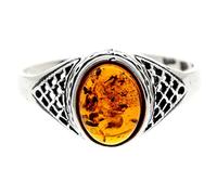 Silver Amber Jewellery - 925 Sterling Silver and Cognac Baltic Amber Oval Celtic Ring - UK Rng Size S - AR8CS