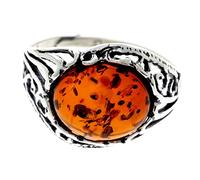 Silver Amber Jewellery - 925 Sterling Silver and Cognac Baltic Amber Oval Classic Designer Ring - UK Rng Size T - AR3CT