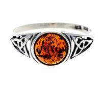 Silver Amber Jewellery - 925 Sterling Silver and Cognac Baltic Amber Round Celtic Designer Ring - UK Rng Size M - AR5CM