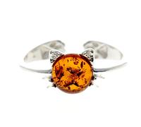 Silver Amber Jewellery - 925 Sterling Silver and Genuine Cognac Baltic Amber Cat Ring - UK Rng Size Ajustable - GL739