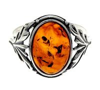 Silver Amber Jewellery - 925 Sterling Silver and Genuine Cognac Baltic Amber Classic Ring - AR1N