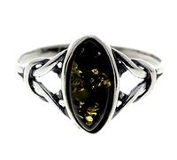 Silver Amber Jewellery - 925 Sterling Silver and Green Baltic Amber Celtic Knots Designer Ring - UK Rng Size M - 7503GM