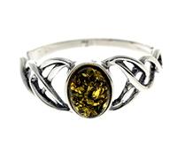 Silver Amber Jewellery - 925 Sterling Silver and Green Baltic Amber Celtic Knots Designer Ring - UK Rng Size M - 7482GM