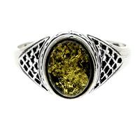 Silver Amber Jewellery - 925 Sterling Silver and Green Baltic Amber Oval Celtic Ring - UK Rng Size M - AR8GM