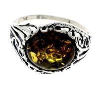 Silver Amber Jewellery - 925 Sterling Silver and Green Baltic Amber Oval Classic Designer Ring - UK Rng Size N - AR3GN
