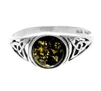 Silver Amber Jewellery - 925 Sterling Silver and Green Baltic Amber Round Celtic Designer Ring - UK Rng Size T - AR5GT