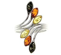 Silver Amber Jewellery - 925 Sterling Silver and Mix Baltic Amber Multi Stone Designer Ring - UK Rng Size P - M464MP