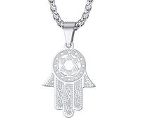 Silver Amulet Hand of Fatima Charm Unisex Bohemian Jewelry Stainless Steel Star of David Hamsa Hand Pendant Necklace Gifts for Men Women
